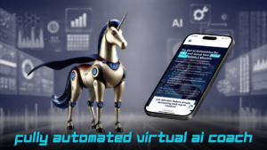 AI-Powered Task Management represented by a robot unicorn next to a smartphone with a free virtual coach.